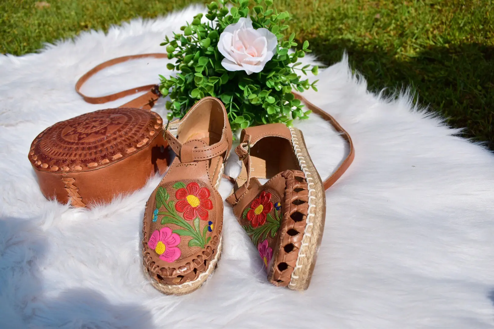 Floral Handpainted Tooled Huarache Shoe Mexican Style Boho