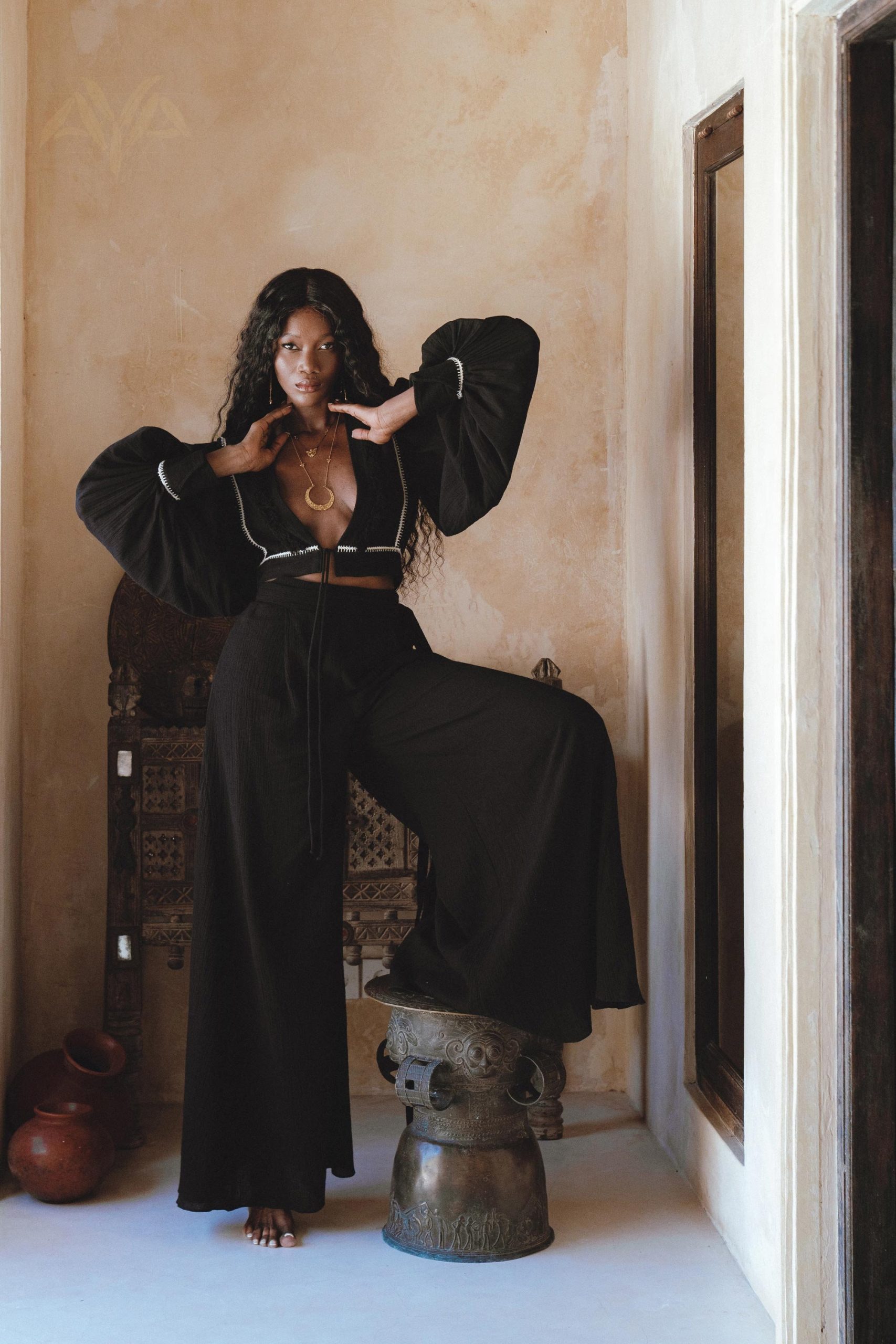 Black Linen Adjustable Pants Organic Wide Leg Open