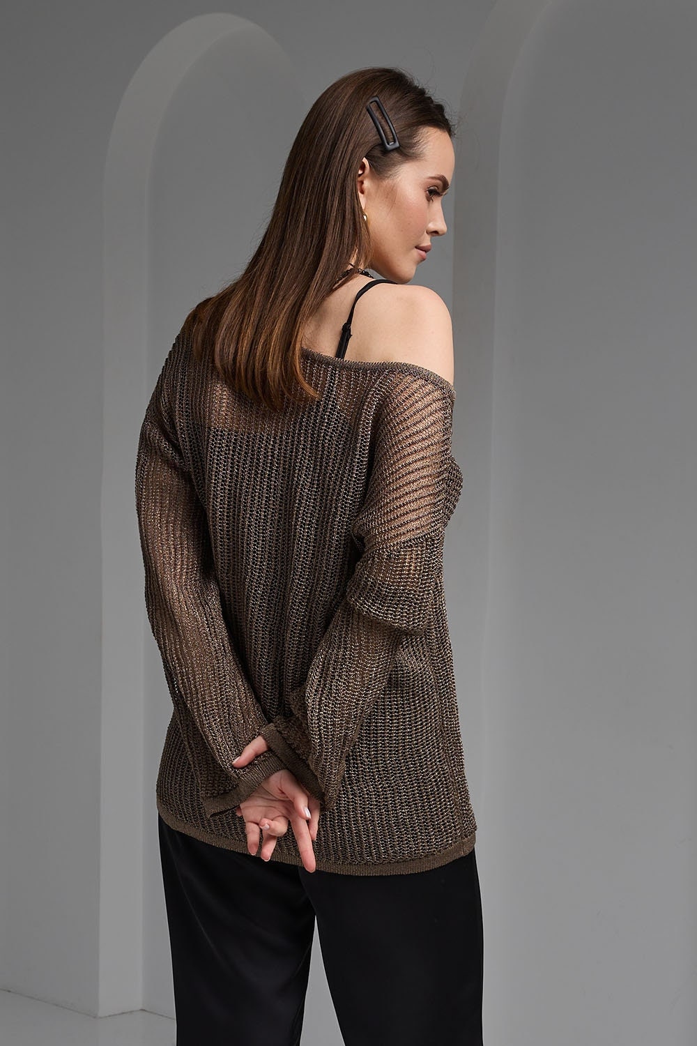 Soft Glossy Sweater Translucent Top Cold Shoulder Long