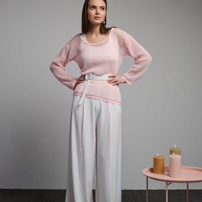 Soft Glossy Sweater Translucent Top Cold Shoulder Long