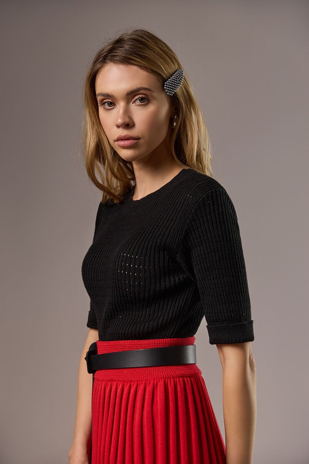 Fitted Sweater Top Half Sleeve Jumper Cotton Crewneck