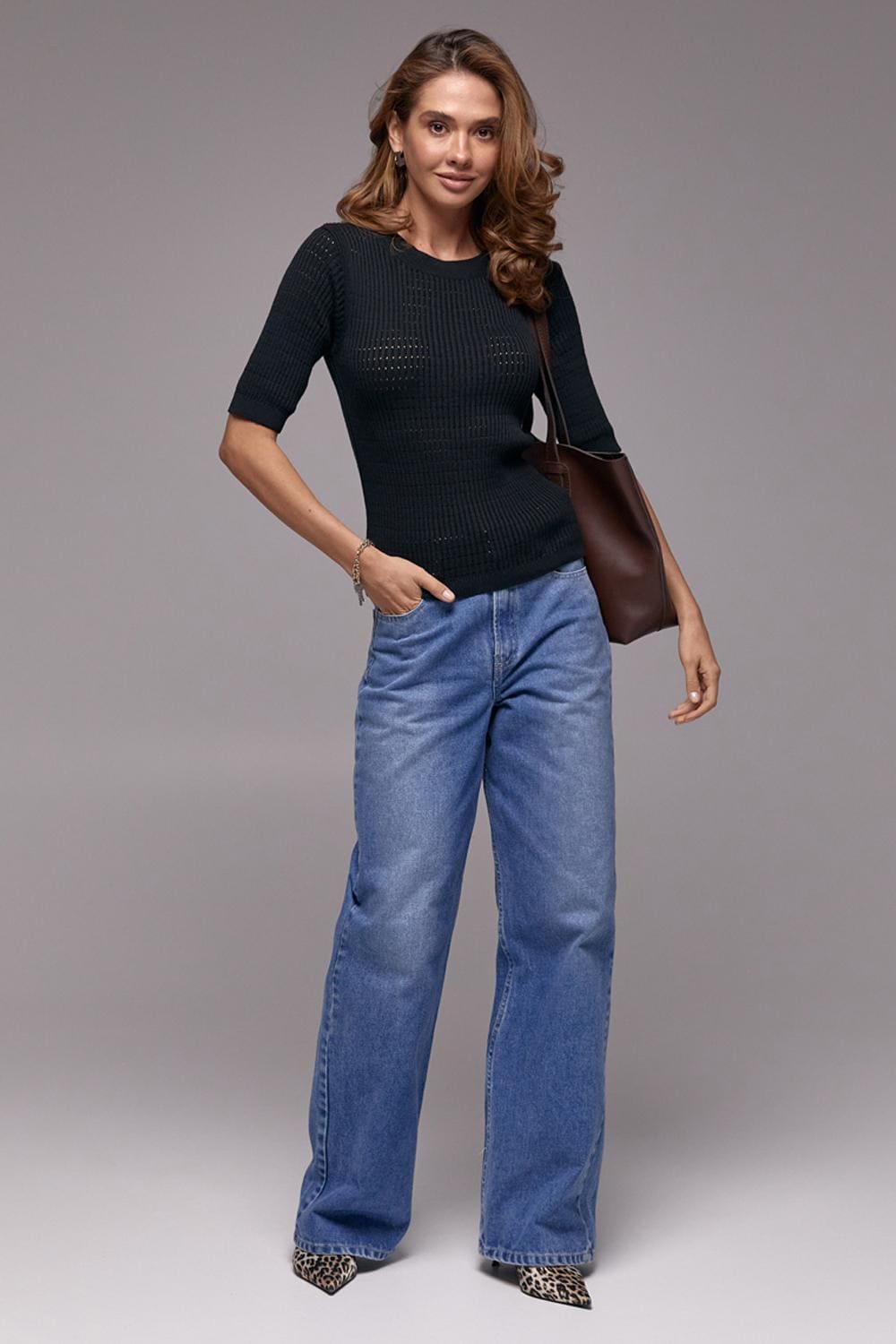 Fitted Sweater Top Half Sleeve Jumper Cotton Crewneck