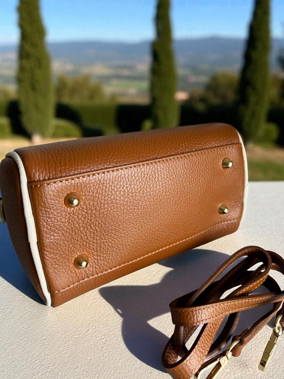 Cognac Brown Italian Leather Boston Bag Handmade Two