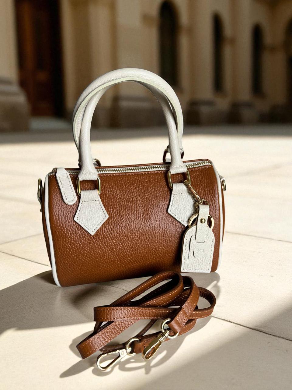 Cognac Brown Italian Leather Boston Bag Handmade Two